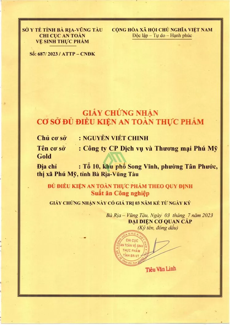 chứng nhận vệ sinh an toàn thực phẩm
